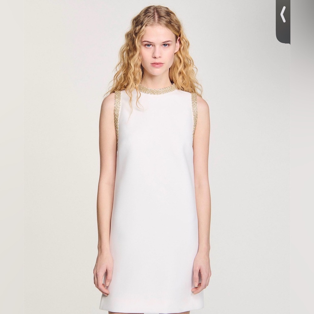 Sandro White Sleeveless Short Dress with Gold Rhinestone Trim - Picture 2 of 4